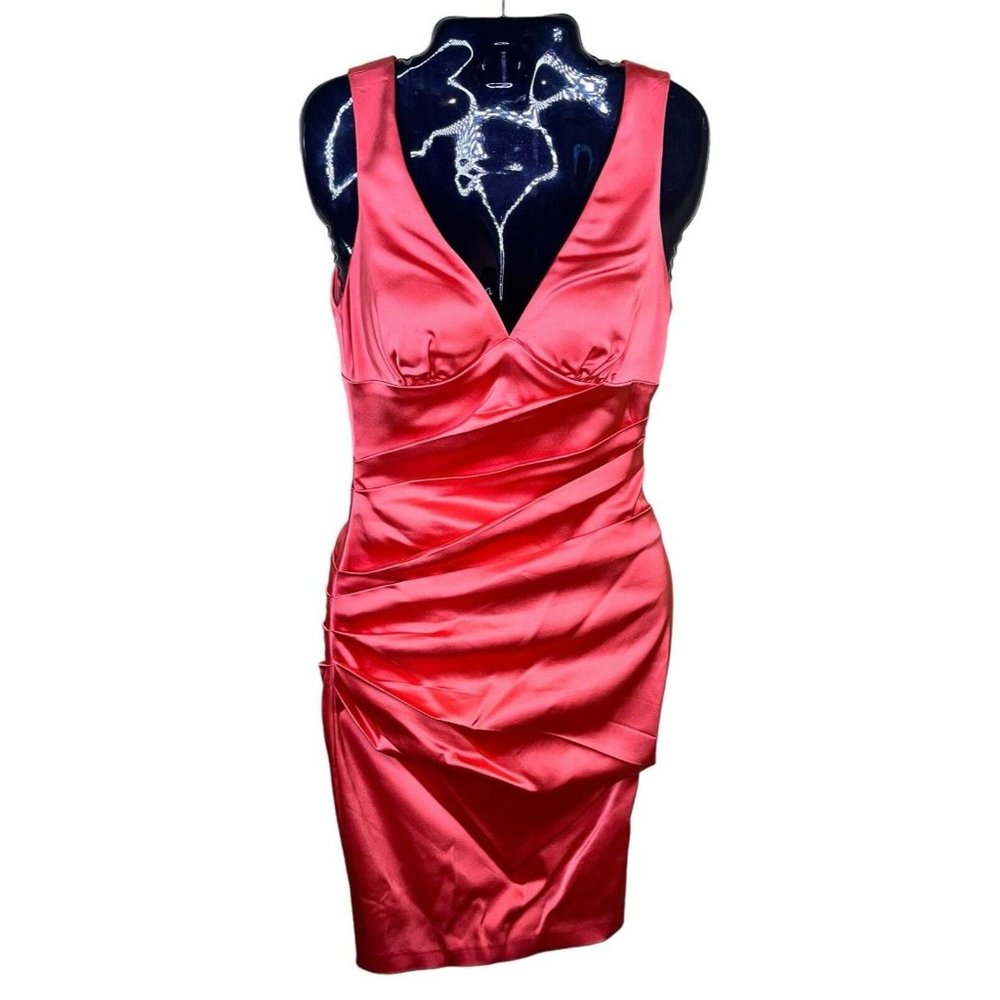 Sexy Cache Vintage Coral Dress 2 Layered Shinny Evening Party Bodycon Back Zip - Picture 2 of 11